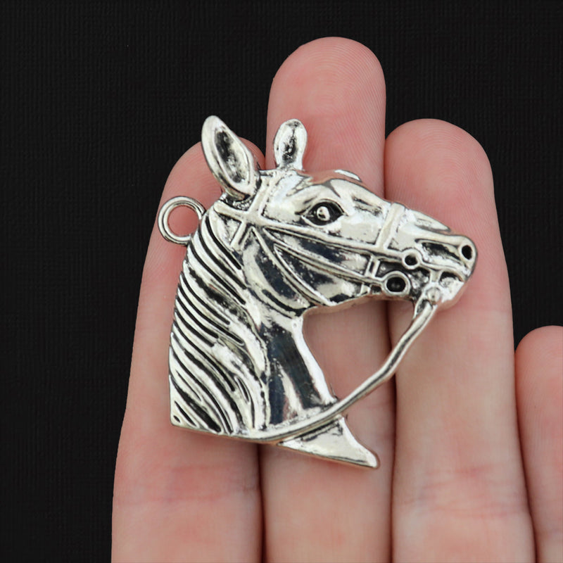 4 Horse Head Antique Silver Tone Charms - SC590