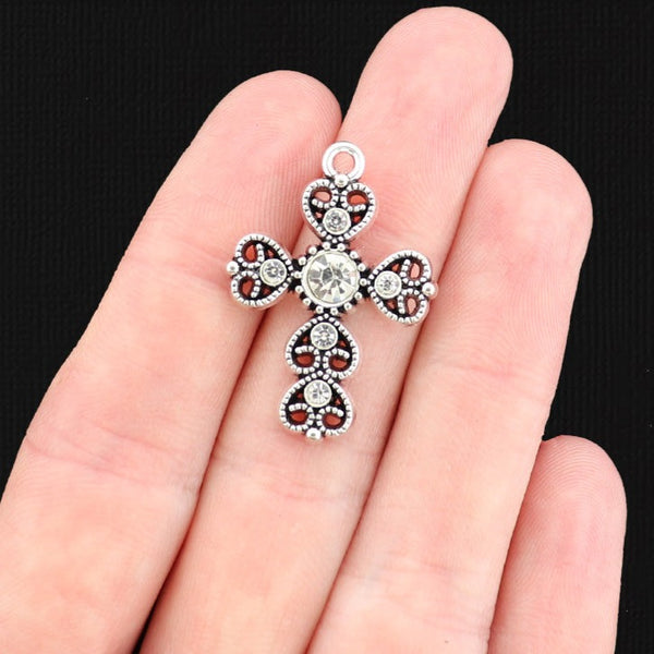 2 Cross Silver Tone Charms With Inset Rhinestones - SC842