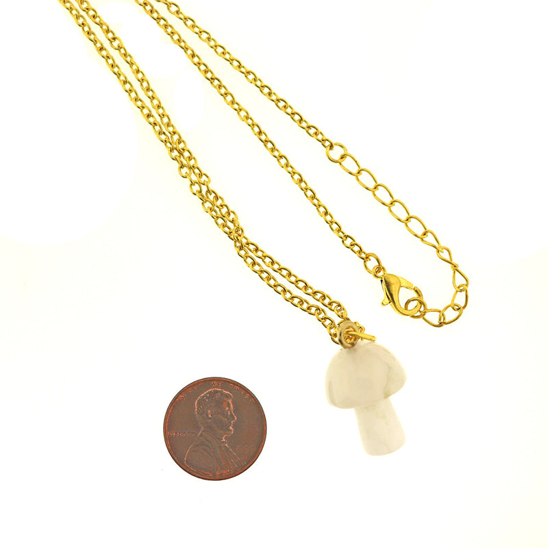 Gold Tone Cable Chain Necklace 18" with Natural Rose Quartz Mushroom Gemstone Pendant - 2mm - 1 Piece - GEM203