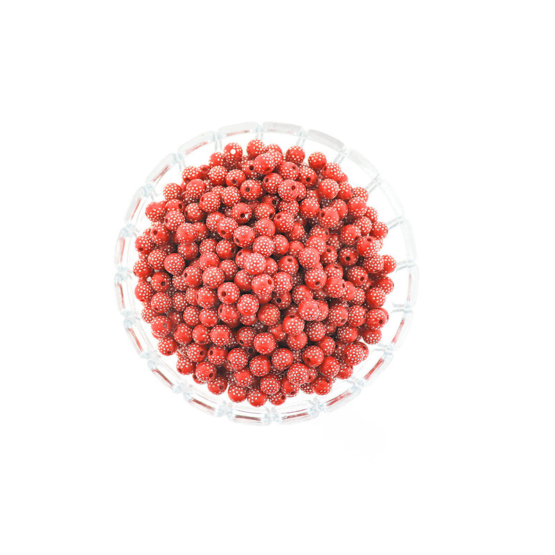 SALE Round Resin Beads 8mm - Red with Silver Dots - 50 Beads - LBD2170