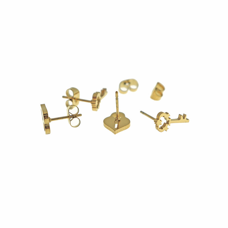 Stainless Steel Earrings - Key and Lock Studs - 1 Pair - Choose Your Tone!