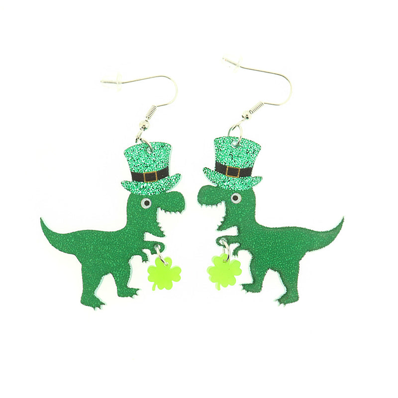 Acrylic St. Patricks Day Dinosaur Earrings - Silver Tone French Hook Style - 2 Pieces 1 Pair - ER266