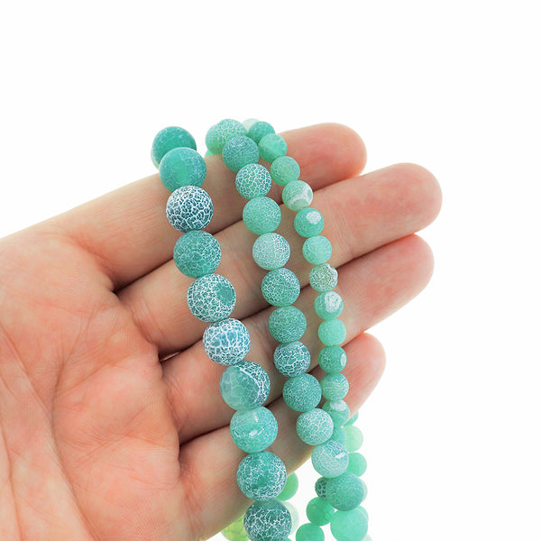 Round Natural Agate Beads 6mm -10mm - Choose Your Size - Green Weathered Crackle - 1 Full 15.5" Strand - BD2416