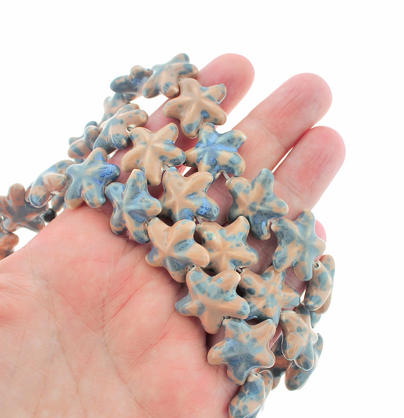 SALE Starfish Ceramic Beads 20mm x 22mm - Marbled Tan and Blue - 10 Beads - LBD1583