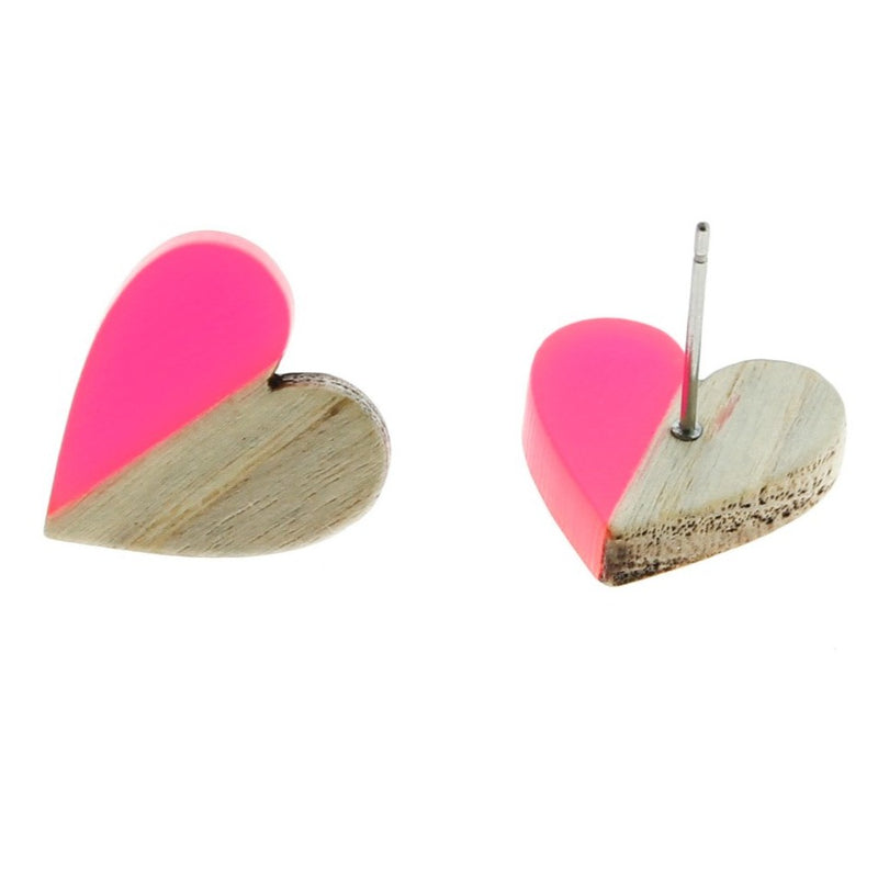 Boucles d'Oreilles Bois Acier Inoxydable - Clous Coeur Résine Rouge - 15mm x 14mm - 2 Pièces 1 Paire - ER133