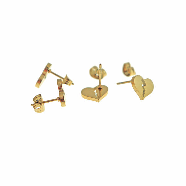 Gold Tone Stainless Steel Earrings - Broken Heart Studs - 10mm x 8mm - 2 Pieces 1 Pair - ER874