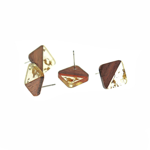 Wood Stainless Steel Earrings - Clear with Gold Flake Resin Rhombus Studs - 17mm x 17mm - 2 Pieces 1 Pair - ER706