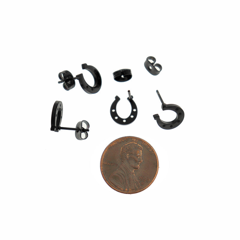 Black Tone Stainless Steel Earrings - Horseshoe Studs - 10mm x 9mm - 2 Pieces 1 Pair - ER980