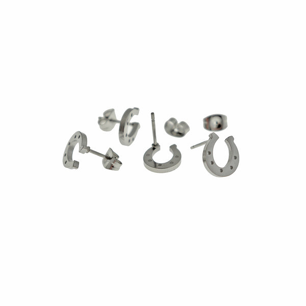 Silver Tone Stainless Steel Earrings - Horseshoe Studs - 10mm x 9mm - 2 Pieces 1 Pair - ER982