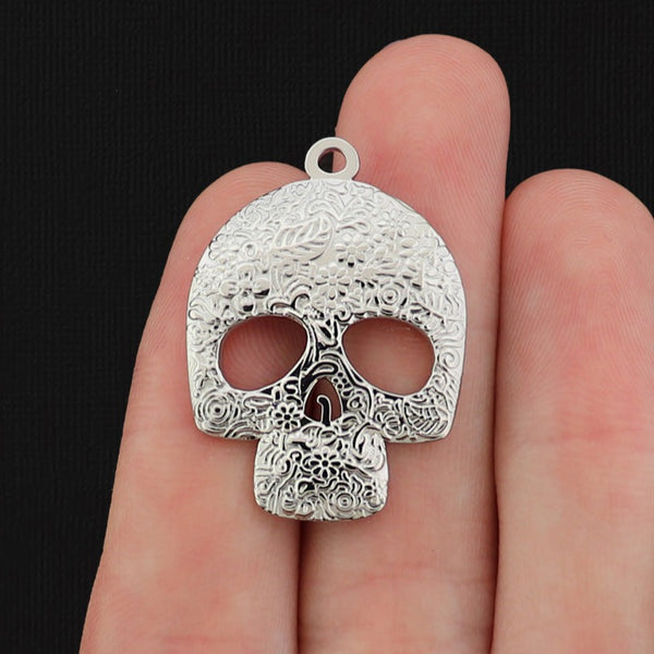 Floral Pattern Skull Silver Tone Stainless Steel Charm - SSP048