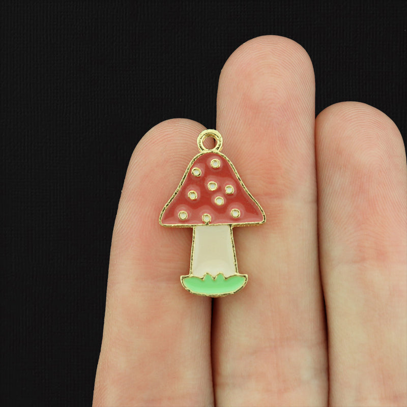 4 Mushroom Gold Tone Enamel Charms - E223