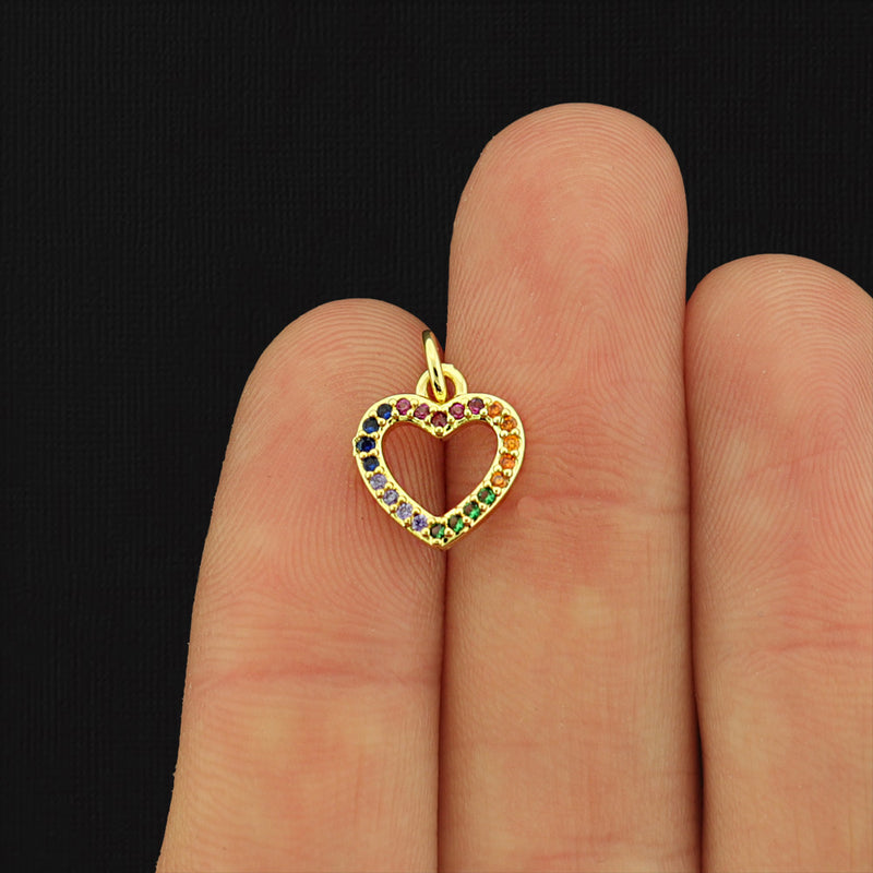 Rhinestone Heart Gold Tone Brass Charm - BR048