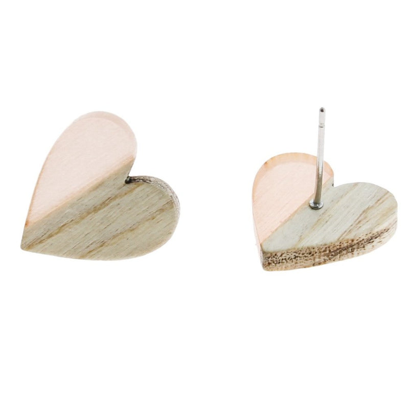 Boucles d'Oreilles Bois Acier Inoxydable - Clous Coeur Résine Rouge - 15mm x 14mm - 2 Pièces 1 Paire - ER133