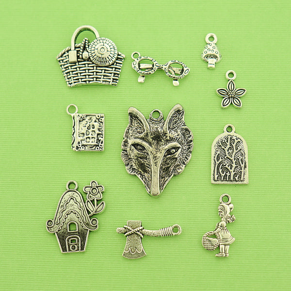 Little Red Riding Hood Charm Collection Antique Silver Tone 10 Charms - COL053