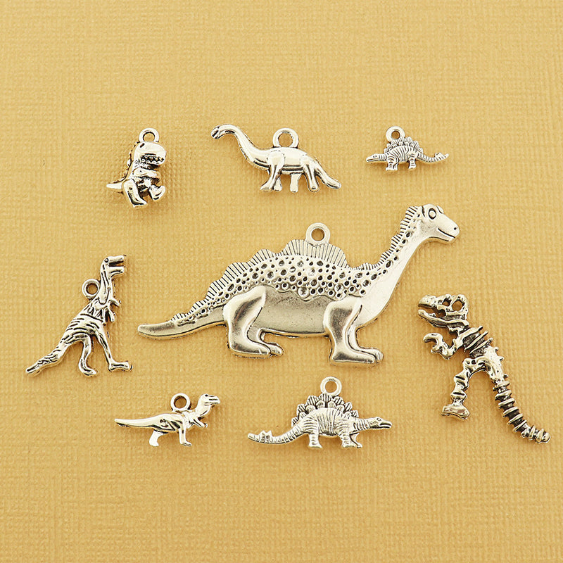 Dinosaur Charm Collection Antique Silver Tone 8 Different Charms - COL393H