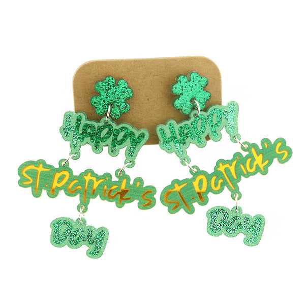 Acrylic Happy St. Patricks Day Dangle Earrings - Silver Tone Stud Style - 2 Pieces 1 Pair - ER291