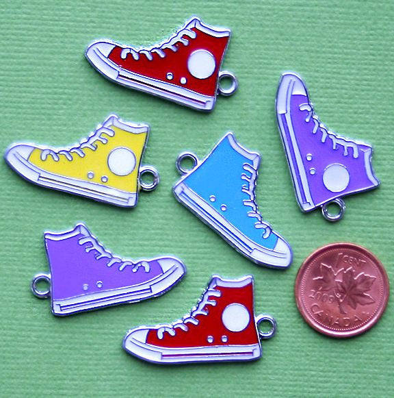 5 Running Shoe Silver Tone Enamel Charms 2 Sided - E015