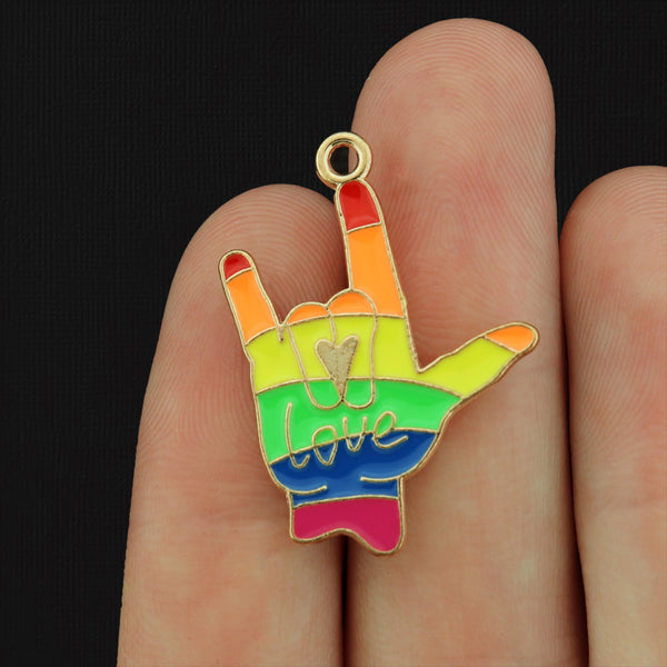 2 Love Rainbow Hand Sign Gold Tone Enamel Charms - E336
