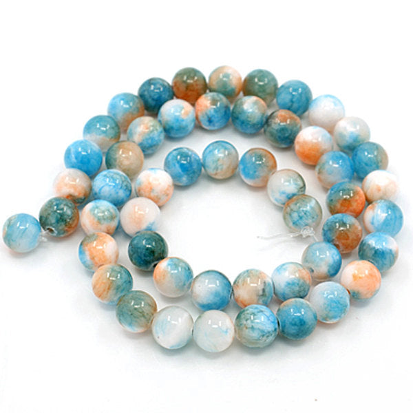 Perles rondes en jade naturel 6 mm - Bleu, pêche et blanc - 1 brin 62 perles - BD726
