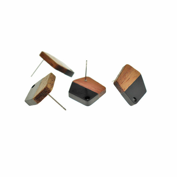 Wood Stainless Steel Earrings - Black Resin Polygon Studs - 20.5mm x 18.5mm - 2 Pieces 1 Pair - ER710