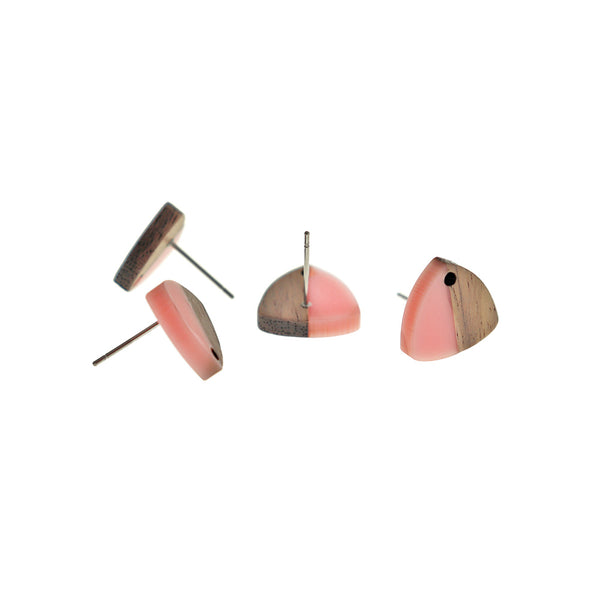 Wood Stainless Steel Earrings - Light Pink Resin Triangle Studs - 14mm x 13mm - 2 Pieces 1 Pair - ER677