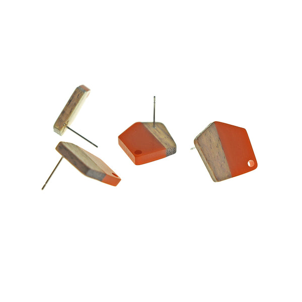 Wood Stainless Steel Earrings - Burnt Orange Resin Polygon Studs - 20.5mm x 18.5mm - 2 Pieces 1 Pair - ER722