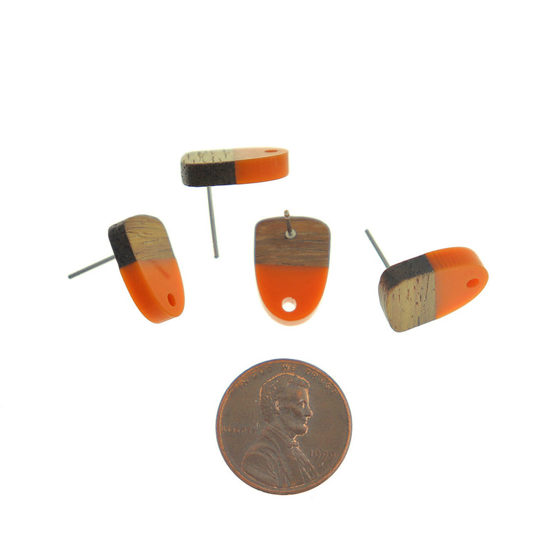 Wood Stainless Steel Earrings - Orange Resin Half Oval Studs - 15mm x 11mm - 2 Pieces 1 Pair - ER648
