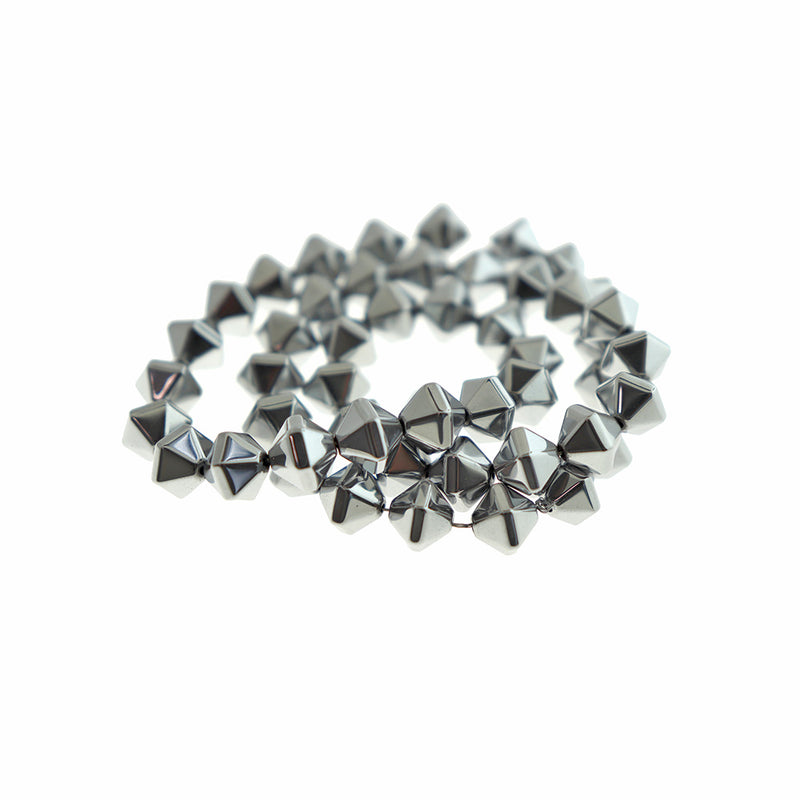 Faceted Bicone Synthetic Hematite Beads 10mm x 8mm - Electroplated Platinum Silver - 1 Strand 49 Beads - BD201