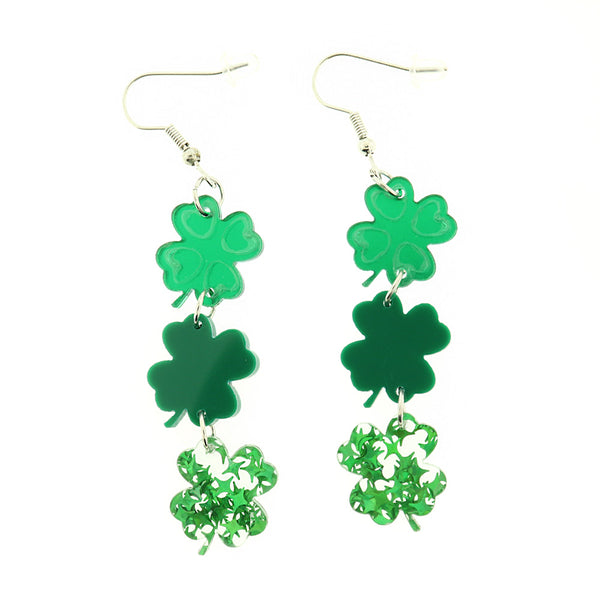 Acrylic St. Patricks Day 4 Leaf Clover Dangle Earrings - Silver Tone French Hook Style - 2 Pieces 1 Pair - ER272