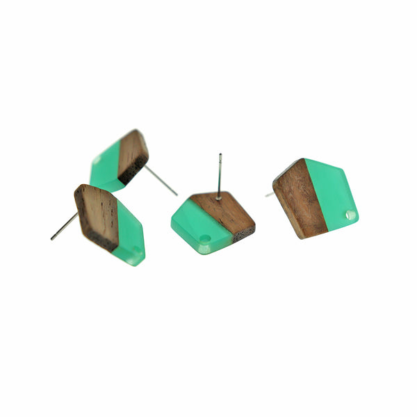 Wood Stainless Steel Earrings - Sea Green Resin Polygon Studs - 20.5mm x 18.5mm - 2 Pieces 1 Pair - ER724