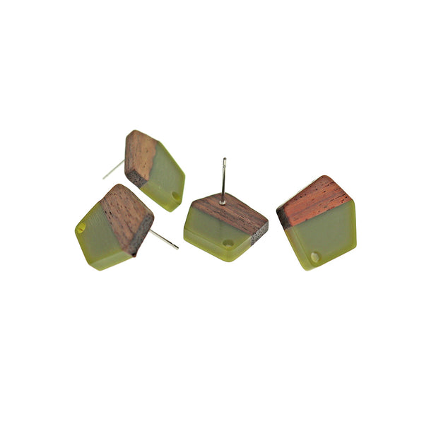 Wood Stainless Steel Earrings - Army Green Resin Polygon Studs - 20.5mm x 18.5mm - 2 Pieces 1 Pair - ER717