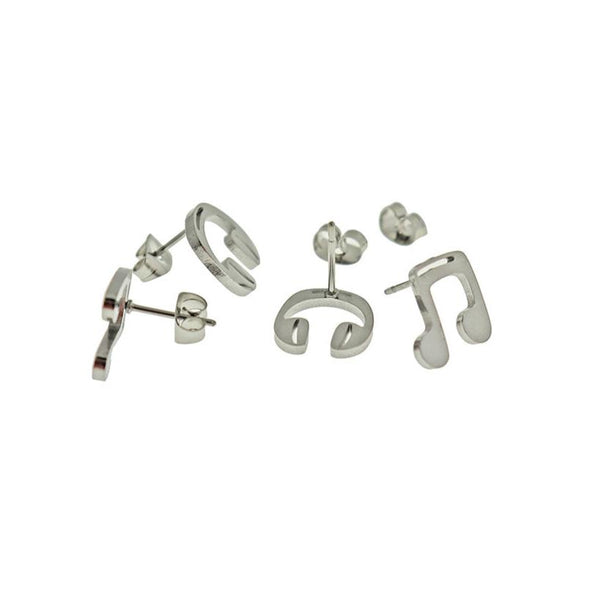 Silver Tone Stainless Steel Earrings - Headphones and Music Note Studs - 11mm - 2 Pieces 1 Pair - ER994