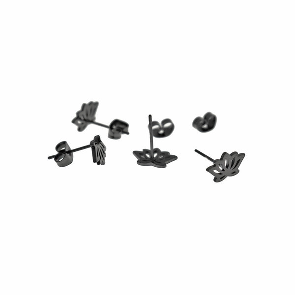 Black Tone Stainless Steel Earrings - Lotus Flower Studs - 10mm x 6mm - 2 Pieces 1 Pair - ER986