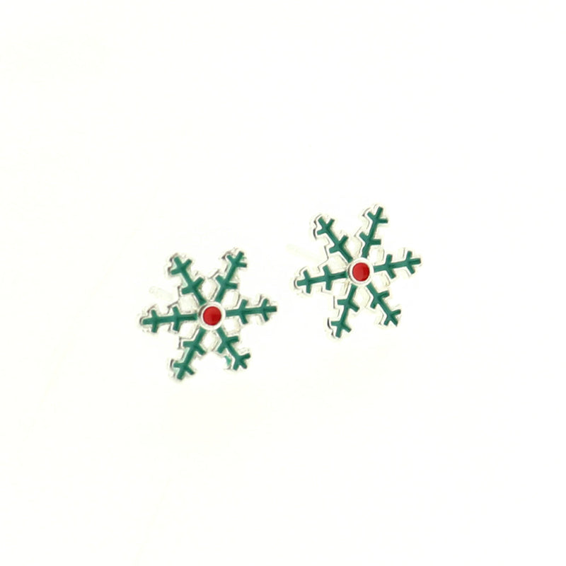 Christmas Brass Earrings - Red and Green Snowflake Studs - 9mm - 2 Pieces 1 Pair - ER251