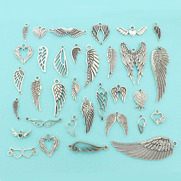 Deluxe Angel Wing Charm Collection Antique Silver Tone 33 Different Charms - COL293H