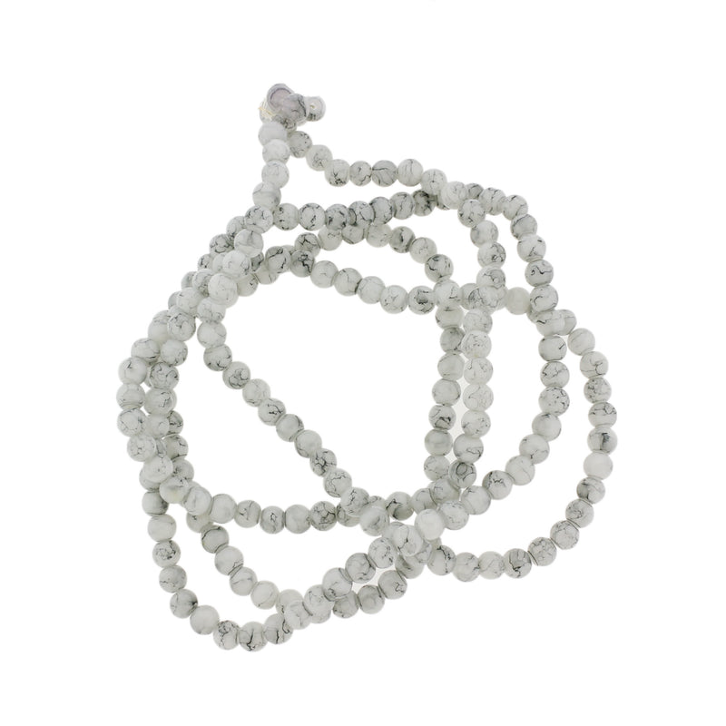 Round Glass Beads 4mm - White Marble - 1 Strand 200 Beads - BD2756