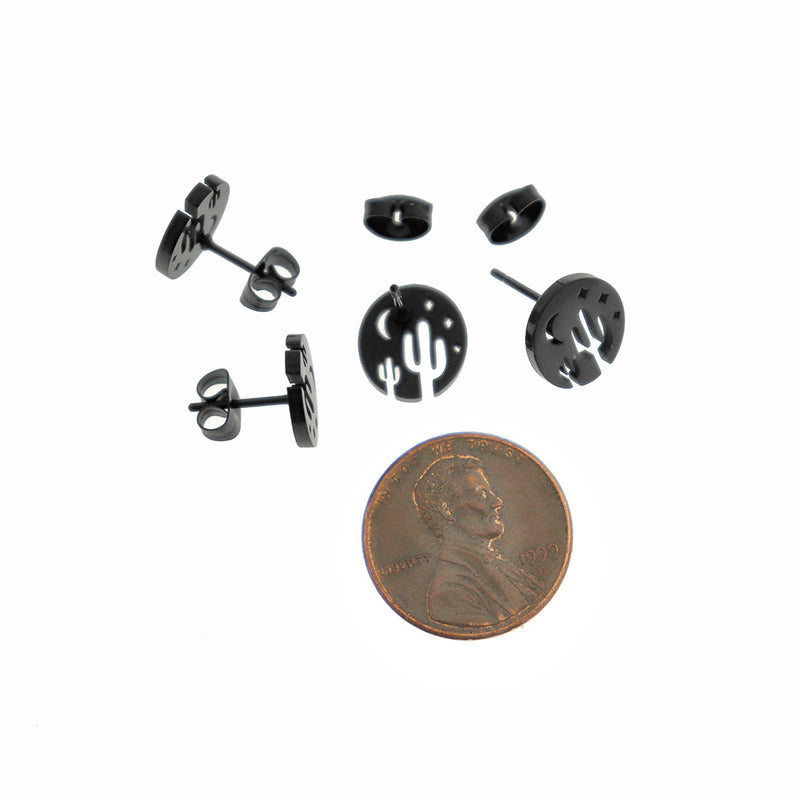Black Tone Stainless Steel Earrings - Cactus Studs - 10mm - 2 Pieces 1 Pair - ER990