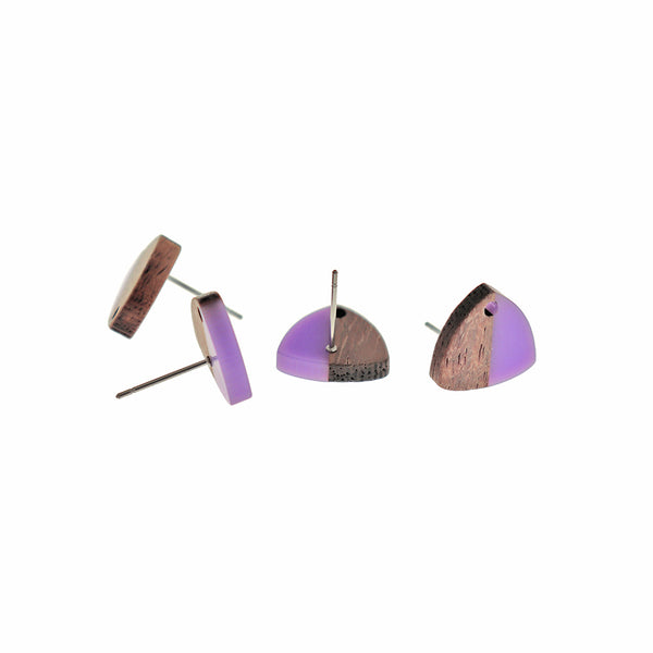 Wood Stainless Steel Earrings - Purple Resin Triangle Studs - 14mm x 13mm - 2 Pieces 1 Pair - ER679