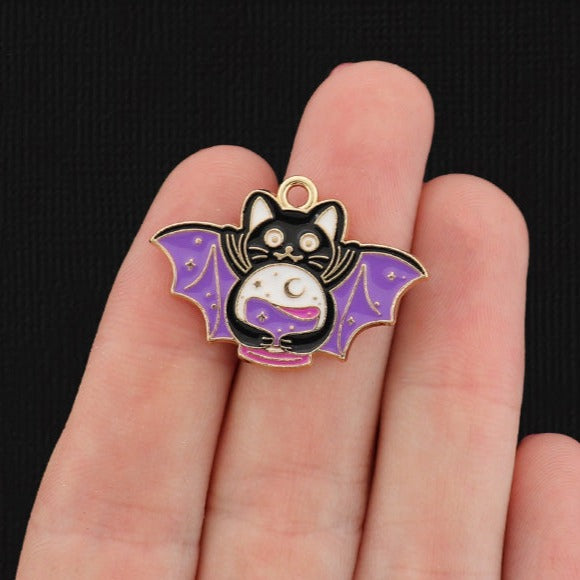 2 Fortune Teller Bat Wing Cat Gold Tone Enamel Charms - E275