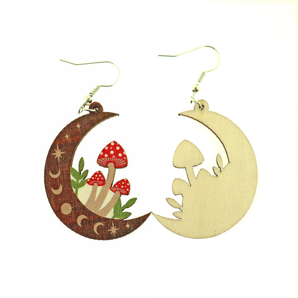 Silver Tone Wood Earrings - Mushroom Crescent Moon French Hook Style - 55mm x 55mm - 2 Pieces 1 Pair - ER937