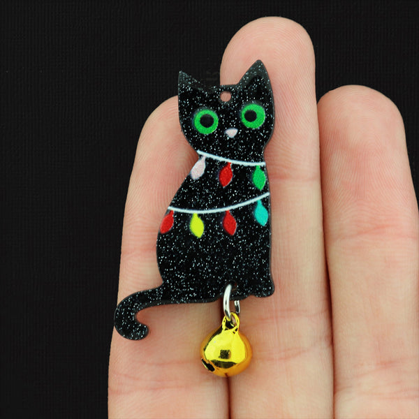 2 Christmas Light Black Cat with Bell Acrylic Charms - K283