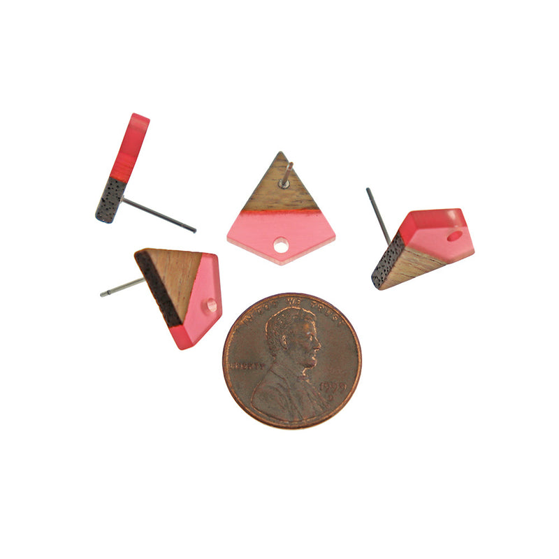Wood Stainless Steel Earrings - Pink Resin Kite Studs - 16mm x 15mm - 2 Pieces 1 Pair - ER740