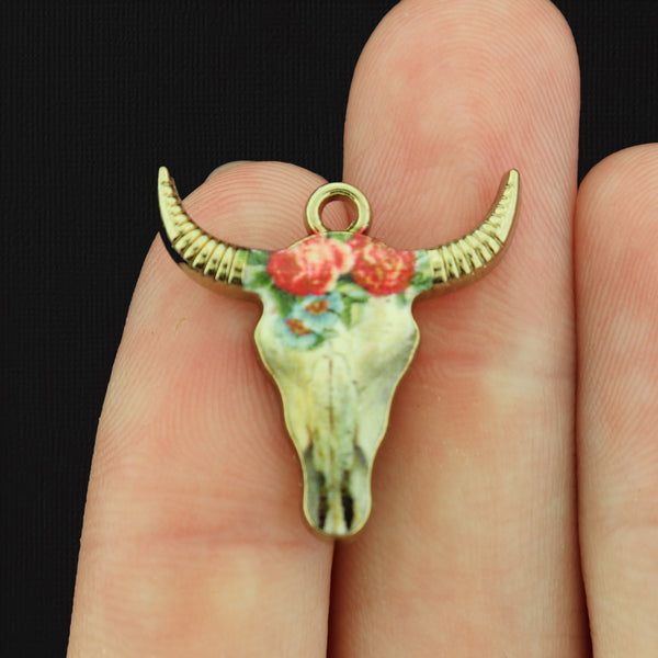 4 Floral Cattle Skull Gold Tone Enamel Charms - E157