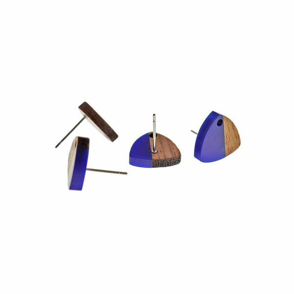 Wood Stainless Steel Earrings - Dark Blue Resin Triangle Studs - 14mm x 13mm - 2 Pieces 1 Pair - ER678
