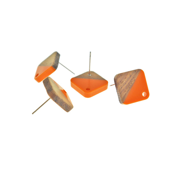 Wood Stainless Steel Earrings - Orange Resin Rhombus Studs - 17mm x 17mm - 2 Pieces 1 Pair - ER707