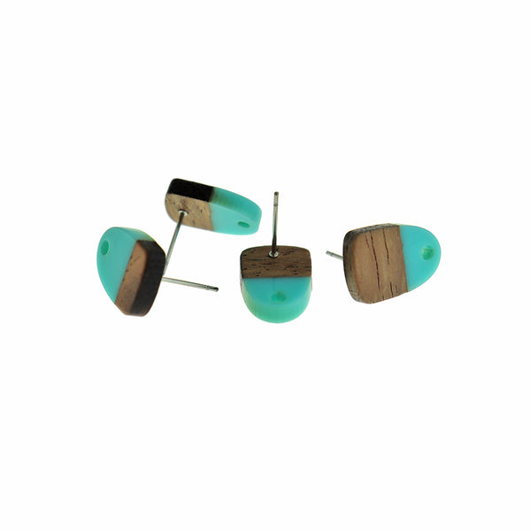 Wood Stainless Steel Earrings - Sea Green Resin Half Oval Studs - 15mm x 11mm - 2 Pieces 1 Pair - ER652