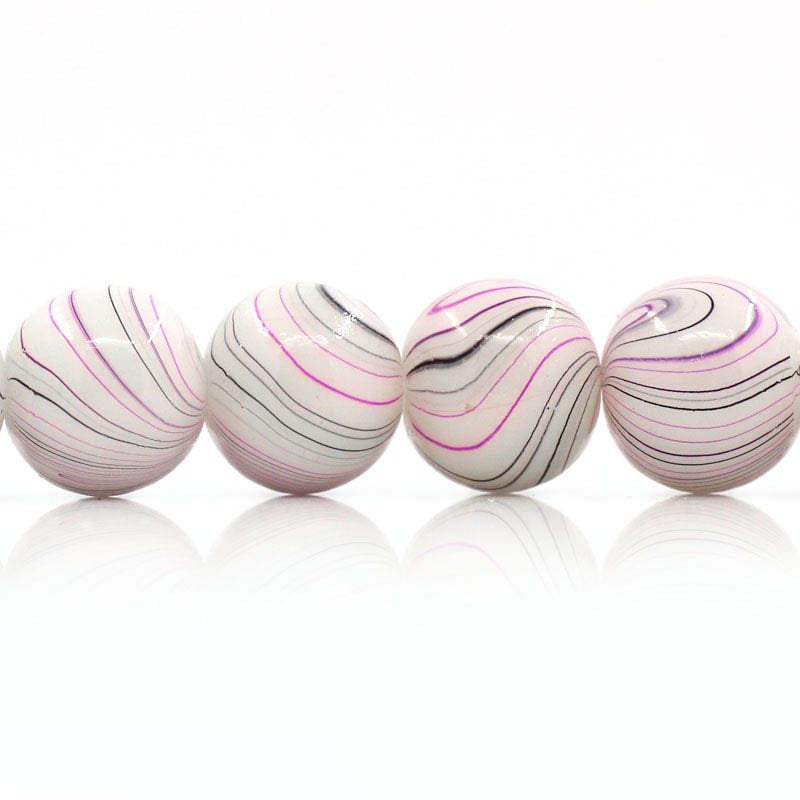 SALE 15 Ivory Glass Beads 12mm with Pink, Black and Turquoise Ripples - LBD324