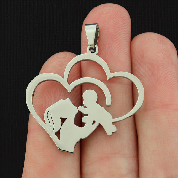 Mother and Child Heart Stainless Steel Charm 2 Sided - SSP097