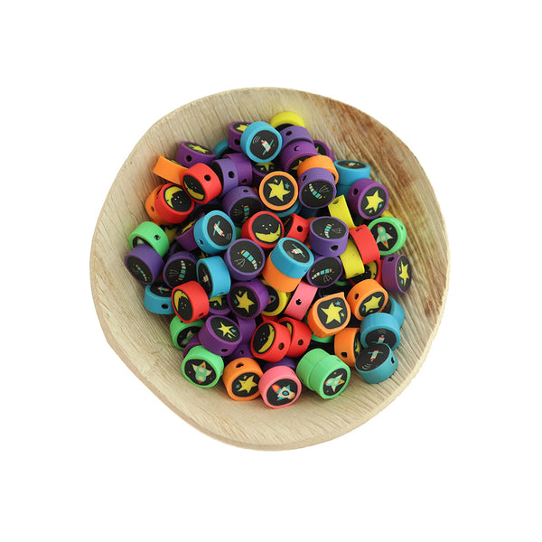 Flat Round Polymer Clay Beads 10mm x 4mm - Space Pattern - 25 Beads - K685