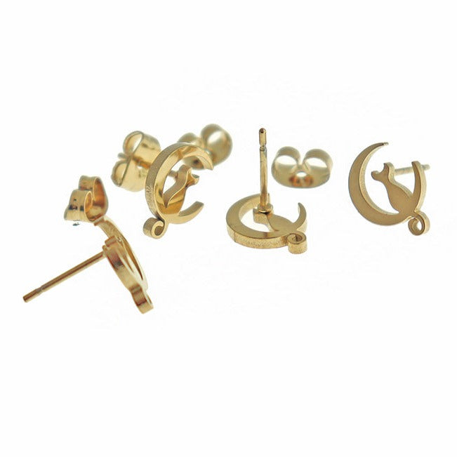 Stainless Steel Earrings - Crescent Moon Cat Studs - 11mm x 8mm - 1 Pair - Choose Your Tone!